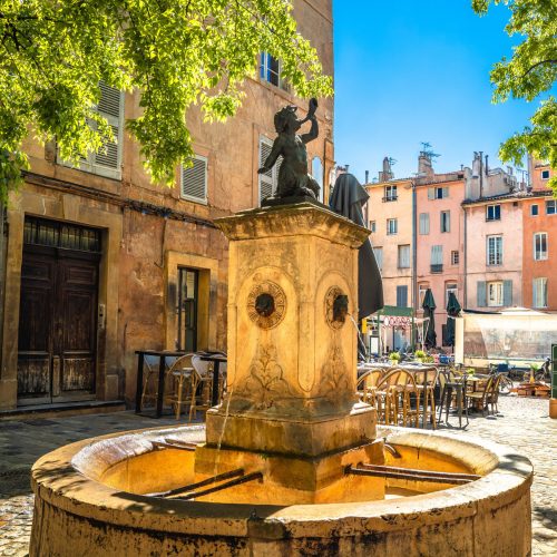 Aix-en-Provence idyllic square and fountain street view Aix-en-Provence idyllic square and fountain street view, south of France